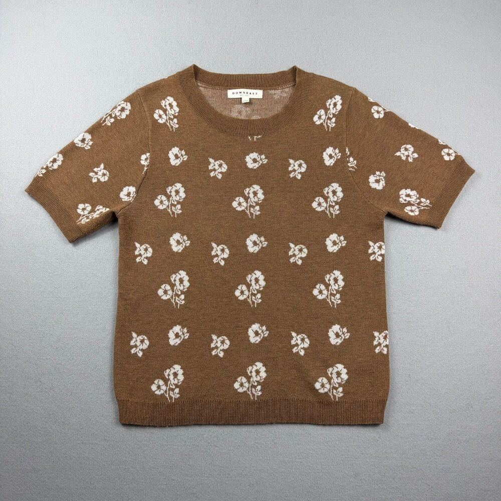 Downeast Wool Blend Cottagecore Short Sleeve Brown Floral Sweater Womens L